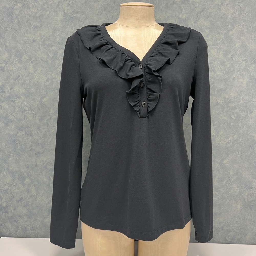 Brooks Brothers Ruffle Neck Top Long Sleeve Blouse Casual Black Size M‎